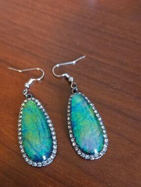 Green Iridescent Teardrop Earrings with Crystal Halo